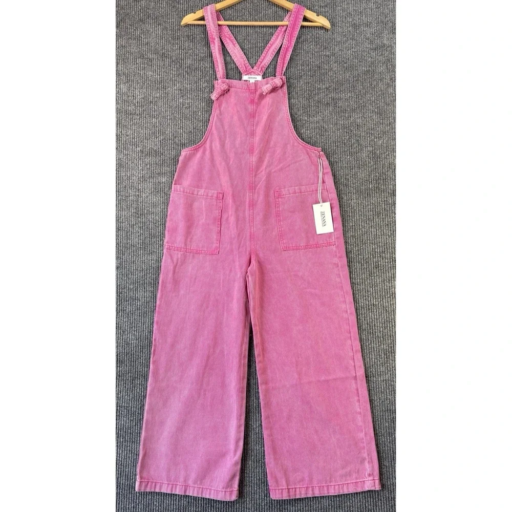 Zenana Pink Acid Wash Overalls Wide Leg Bib Jumpsuit NWT Relaxed Loose Fit M - Picture 2 of 8